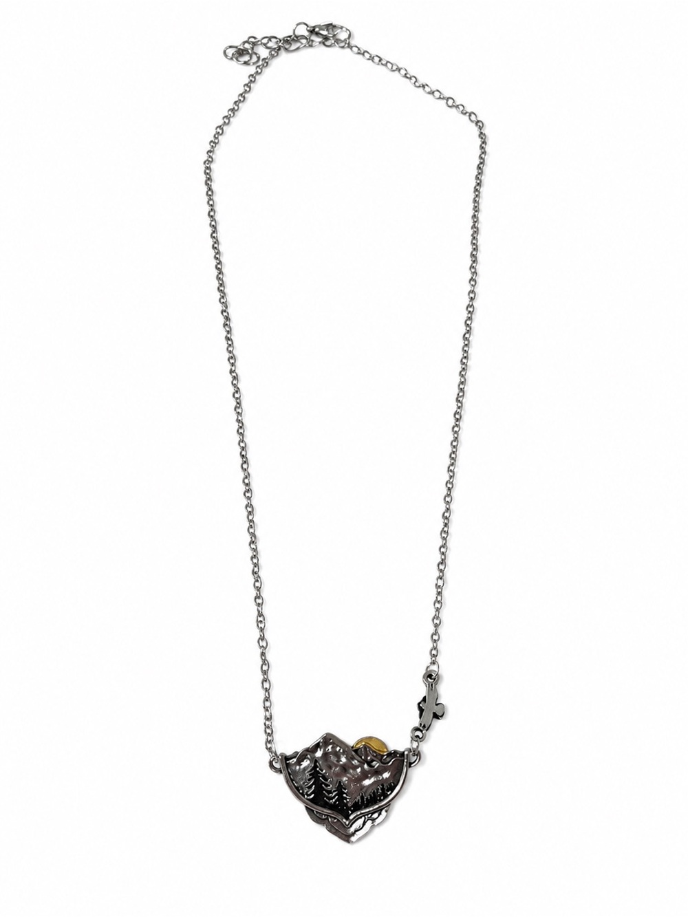 Silver Tone Mountain Landscape Pendant Necklace Gold Sun Nature Scenic Jewelry